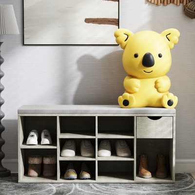 Shoe Racks Bench with Drawer and Cushion, Weathered Gray Shoe Racks Entryway Organizer with Cubbies and Seating-The Pop Home