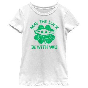 Girl's Star Wars: The Mandalorian St. Patrick's Day Grogu May the Luck be with You Retro T-Shirt - 1 of 4