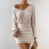 Womens V Neck Dress Ribbed Knit Long Sleeve High Waist Bodycon Mini Dress - 4 of 4