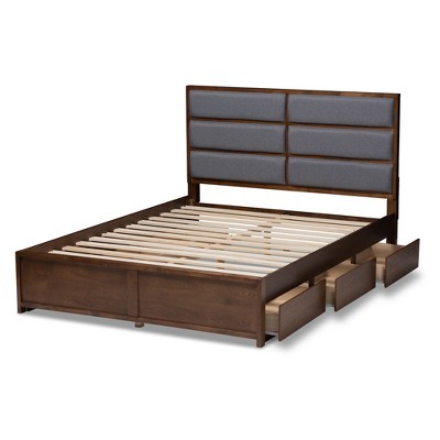 Walnut and Gray Upholstered Queen Storage Platform Bed with Drawers