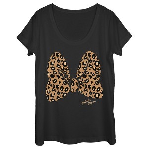 Women's Mickey & Friends Mickey & Minnie Mouse Cheetah Print Bow Signature Scoop Neck - 1 of 3