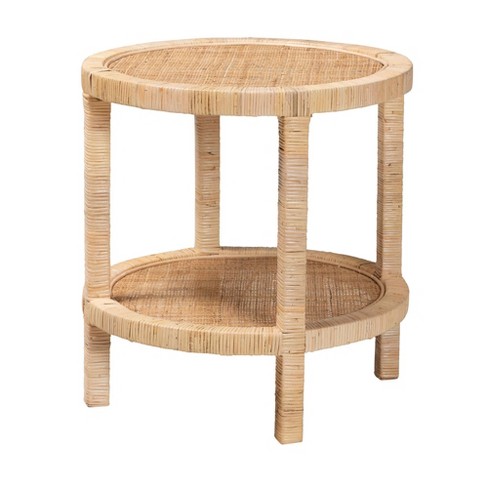 Bella Mahogany Wood And Natural Rattan 2 Tier End Table Natural