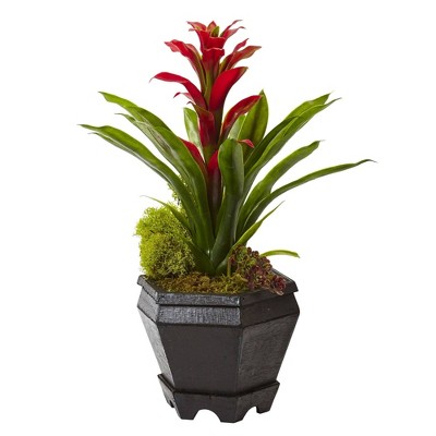 Yellow Bromeliad Faux Plant in Black Hexagon Planter