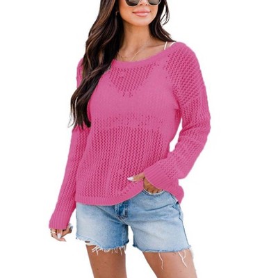 Women's Crochet Tops Long Sleeve Hollow Out Beach Summer Sweater Boho Knit Coverup