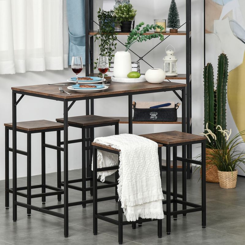 HOMCOM 5-Piece Industrial Dining Table Set, Bar Table & 4 Stools Set, Space Saving for Pub & Kitchen, Black/Brown, 2 of 10
