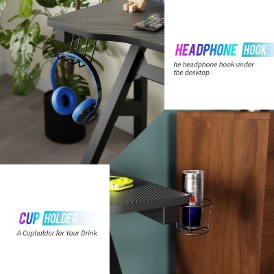 Black Carbon Fiber Gaming Desk with Cup Holder and Headphone Hook