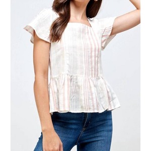 Women's Square Neck Multi Color Stripe Ruffle Hem Top - EN CREME - 1 of 4