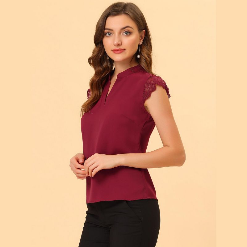 Allegra K Women's Work Office V Neck Stand Collar Lace Cap Sleeve Basic Blouse, 5 of 6