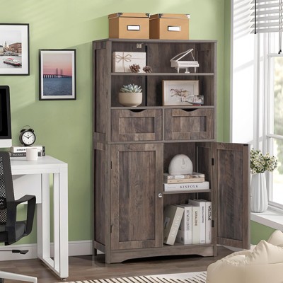 USIKEY Tall Bathroom Cabinet with Adjustable Shelf & Doors, Storage Cabinet with 2 Drawers, Bathroom Floor Cabinet for Living Room, White