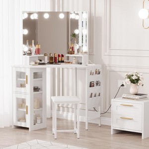 Corner Vanity Desk with Light Bulbs/LED Lighted Mirror, 3 Color Lighting Modes Makeup Vanity with Stool - 1 of 4