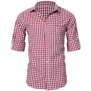 Men's Classic Slim Fit Long Sleeve Plaid Shirt with Button Down Collar Roll-Up Sleeves Soft Cotton Vintage Style Casual Shirt - 1 of 4