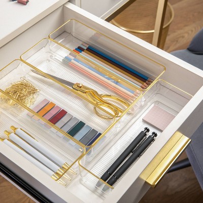 Martha Stewart 12" x 3" 6pc Plastic Stackable Office Desk Drawer Organizers with Gold Trim Clear: Drawer Organization Set