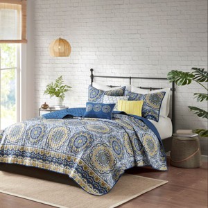 Sapphtopaz 6 Piece Bedding Comforter Set Floral Print with Large Medallions Reversible Quilt Set with Throw Pillows - 1 of 4