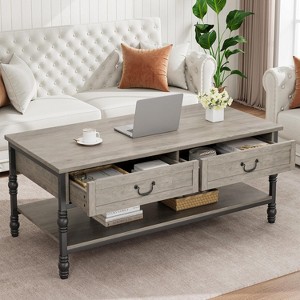 41 Inch Large Coffee Table with Drawers, Rectangular Cocktail Table with Storage, Vintage Living Room Table, Rustic Grey - 1 of 4