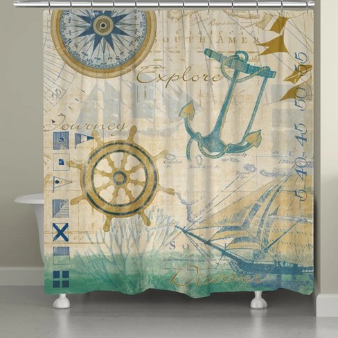 Anchor Shower Curtain Nautical Ocean Theme Blue White Stripes For