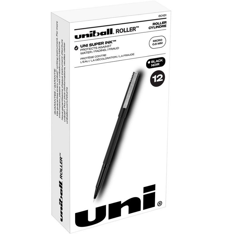 uni Roller Ball Stick Pens, 0.5 mm Micro Tip, Black, Pack of 12, 1 of 6