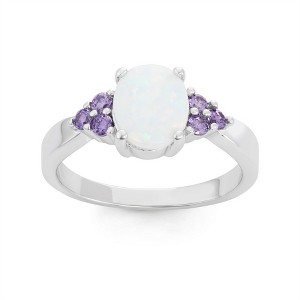 Opalata Sterling Silver Oval White Inlay Opal with Amethyst CZ Sides Ring - Available Sizes:  9 ,  8 ,  7 ,  6 - 1 of 2