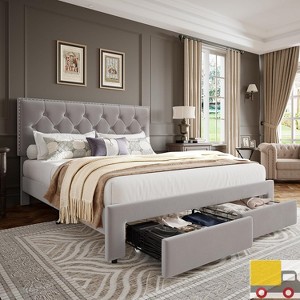 Garvee Upholstered Bed Frame with Storage Drawers, Velvet Platform Bed with Tufted Headboard & Rivets, No Box Spring Needed, Noise Free - 1 of 4