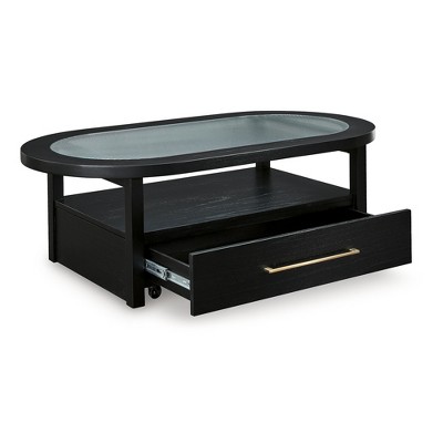 Black Oval Wood and Glass Lift-Top Coffee Table with Storage