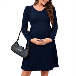 Clearlove Maternity V-Neck Ribbed Knit Dress Long Sleeve Mid-Length Bodycon Dress for Baby Showers Fall Events - 1 of 4