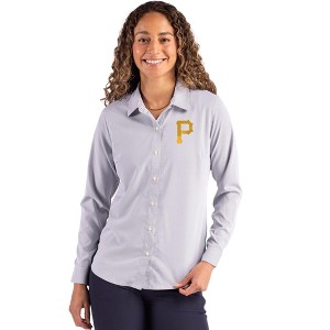 Pittsburgh Pirates Cutter & Buck Skyline Epic Confidence Recycled Pinstripe Womens Long Sleeve Dress Shirt - Elemental Grey/White - X Small - 1 of 1