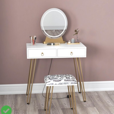 White Makeup Vanity w/ Stool - Adjustable Lighted Vanity Table w/ 3 Brightness Modes 2 Drawers
