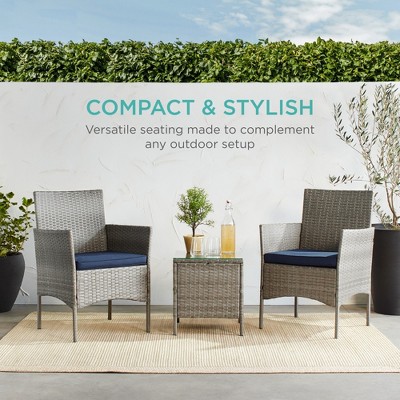 Gray Wicker 3-Piece Patio Bistro Set with Navy Cushions