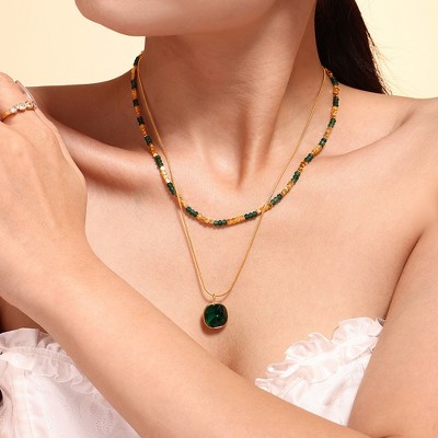 Clotth Layered Natural Gemstone Beaded Necklace with Crystal Pendant for Women - Stainless Steel Fashionable Collar Chain Jewelry,Gold double necklace