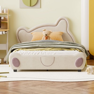 Whisen Velvet Platform Bed with Bear-Shaped Headboard and Bed-End Storage Pocket