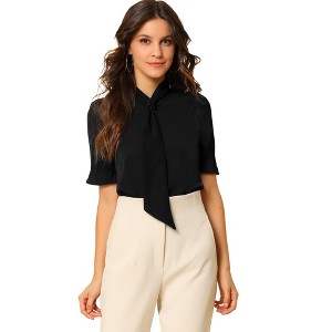 Allegra K Women's Work Office Button Down Puff Sleeve Tie Neck Top Shirt - 1 of 4