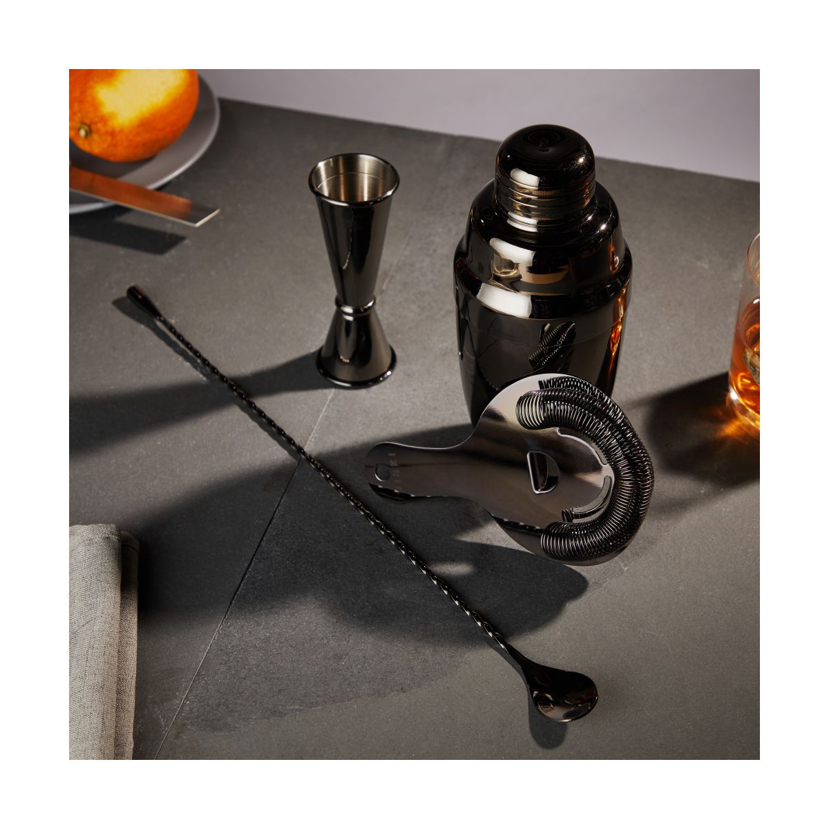 Viski Gunmetal 4-Piece Set Bartender Kit for Coffee & Espresso Cocktails, Cold Brew Drinks, Cocktail Shaker, Strainer, Jigger, Bar Spoon, Black - thumbnail 10