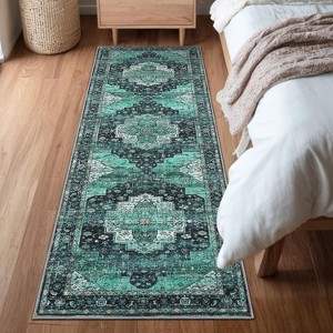 Acekool Vintage Oriental Machine Washable Area Rug, Soft Low Pile Non-Slip Accent Carpet, Stain Resistant for Living Room, Hallway, Laundry - 1 of 4