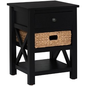 eHemco X-Side Solid Hardwood Nightstand with Drawer, 2 Storage Shelves and Wicker Basket, 24 Inches Tall - Great for Home, Bedroom, Living room - 1 of 4