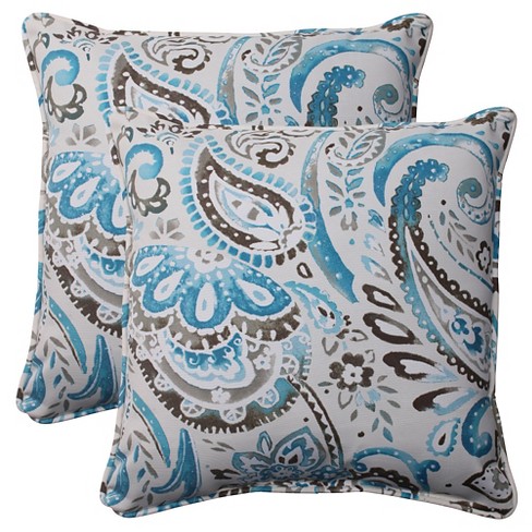 Outdoor 2 Piece Square Toss Pillow Set Gray Turquoise Paisley