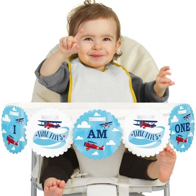 Big Dot of Happiness Taking Flight - Airplane 1st Birthday Highchair Decor - I Am One - First Birthday High Chair Birthday Banner