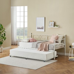 Twin Size Daybed Frame with Floral Headboard, Heavy Duty Bed Frame with Sturdy Metal Slats, Modern Platform Bed for Living Room, Guest Room - 1 of 4