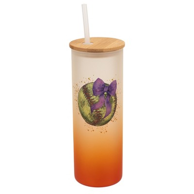 Elanze Designs 25 Ounce Frosted Glass Gradient Travel Tumbler With Straw and Wooden Lid, Softball With Purple Bow Orange