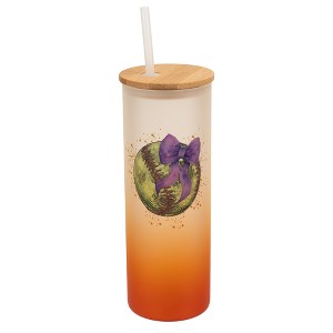 Elanze Designs 25 Ounce Frosted Glass Gradient Travel Tumbler With Straw and Wooden Lid, Softball With Purple Bow Orange - 1 of 1