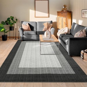 Machine Washable Runner Rug Modern Border Low Pile Non-Shedding Soft Gradient Faux Wool Print Entryway Bathroom - 1 of 4