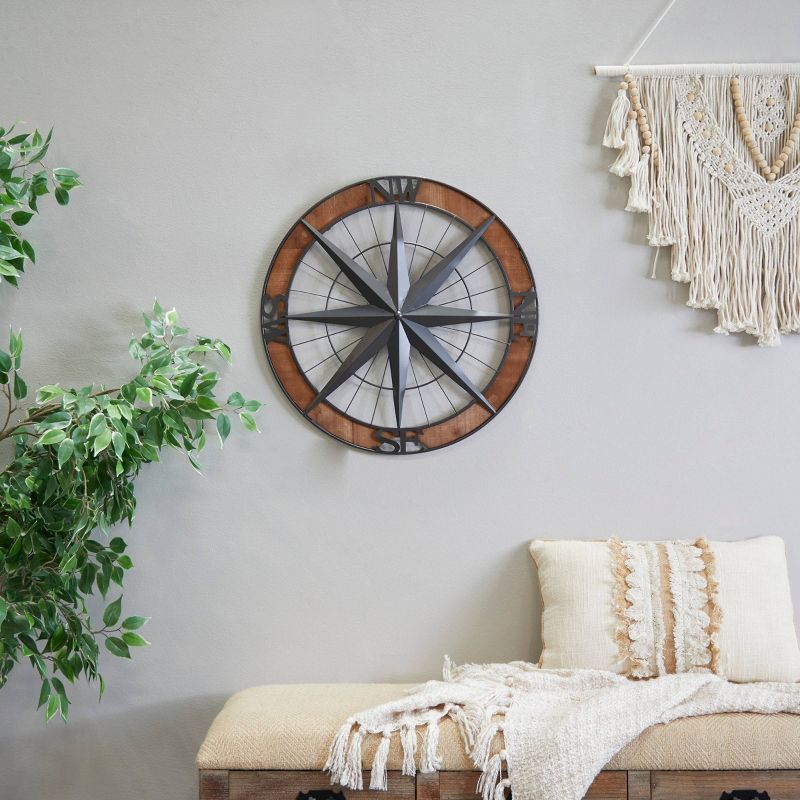 Metal Nautical Compass Wall Decor with Wood Frame Gray - Olivia &#38; May, 1 of 6