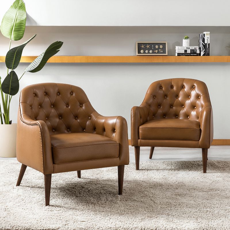 Set of 2 Justo 28.5" Wide Tufted Genuine Leather Wood Legs Accent Barrel Chair for Living Room with solid wood legs | ARTFUL LIVING DESIGN, 2 of 8