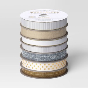 7ct 70' Christmas Fabric Ribbon Metallic Gold/Silver/White - Wondershop™ - 1 of 3