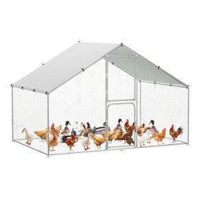 Large Metal Chicken Coop, Walk in Poultry Cage with Waterproof Cover, Spire Roof Chicken Run, Hen Rabbit Duck House, 9.8' W x 6.5' D x 6.5' H - 1 of 4