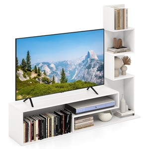 Tangkula Book Shelf TV Stand for 50" TV L-Shaped Entertainment Center with Storage & 3 Tier Bookshelf Wood Television Stands Modern White - 1 of 4