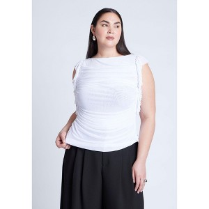 ELOQUII Women's Plus Size Shirred Mesh Top With Shoulder Flounces - 1 of 4