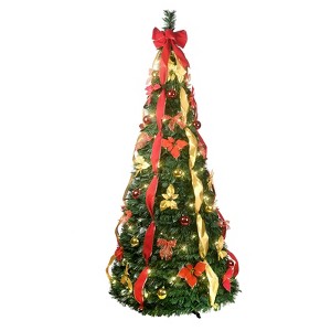 Cesicia Pop-Up Christmas Tree, Pre-Decorated with Red & Gold Ornaments, Flowers, Ribbons & Bows ¨C Easy Assembly, Space-Saving - 1 of 4