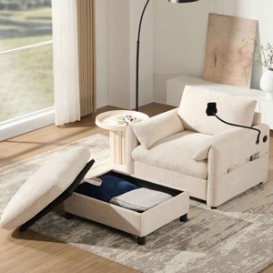 Single Chaise Lounge Sofa with Storage Ottoman, Sofa with Charging Port and Side Pockets, Chenille Fabric Sofa with Cushion-Coolbibila - 1 of 4