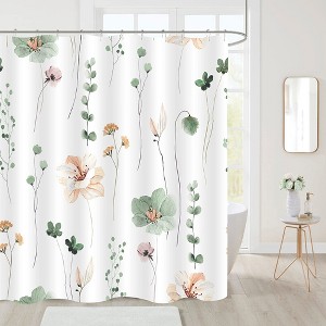 Aoibox Watercolor Floral Shower Curtain, Sage Green Beige Flower Bathroom Decor, Modern Minimalist White Waterproof Fabric Shower Curtain with Hooks - 1 of 4