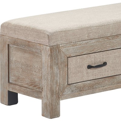 Weathered Ash Cottage-Inspired Upholstered Storage Bench with Black Metal Accents