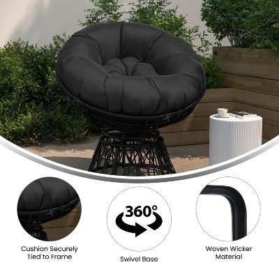 Black Woven Wicker Papasan Swivel Chair with Cushion